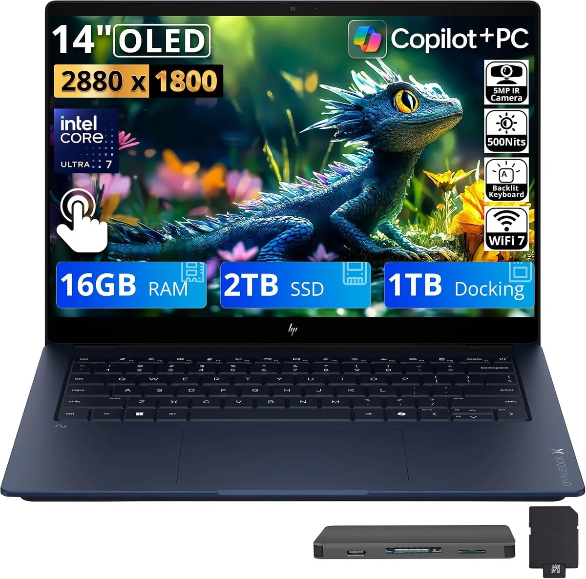 HP HP OmniBook X 14" 3K OLED Touch, Core Ultra 7 355, 16GB LPDDR5X, 2TB SSD + 1TB Dock, Blue — product photo