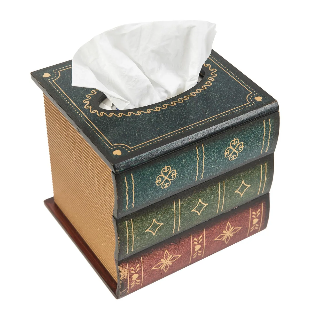 Green wooden tissue box cover shaped like three stacked antique books, hand-painted retro finish, square opening on top