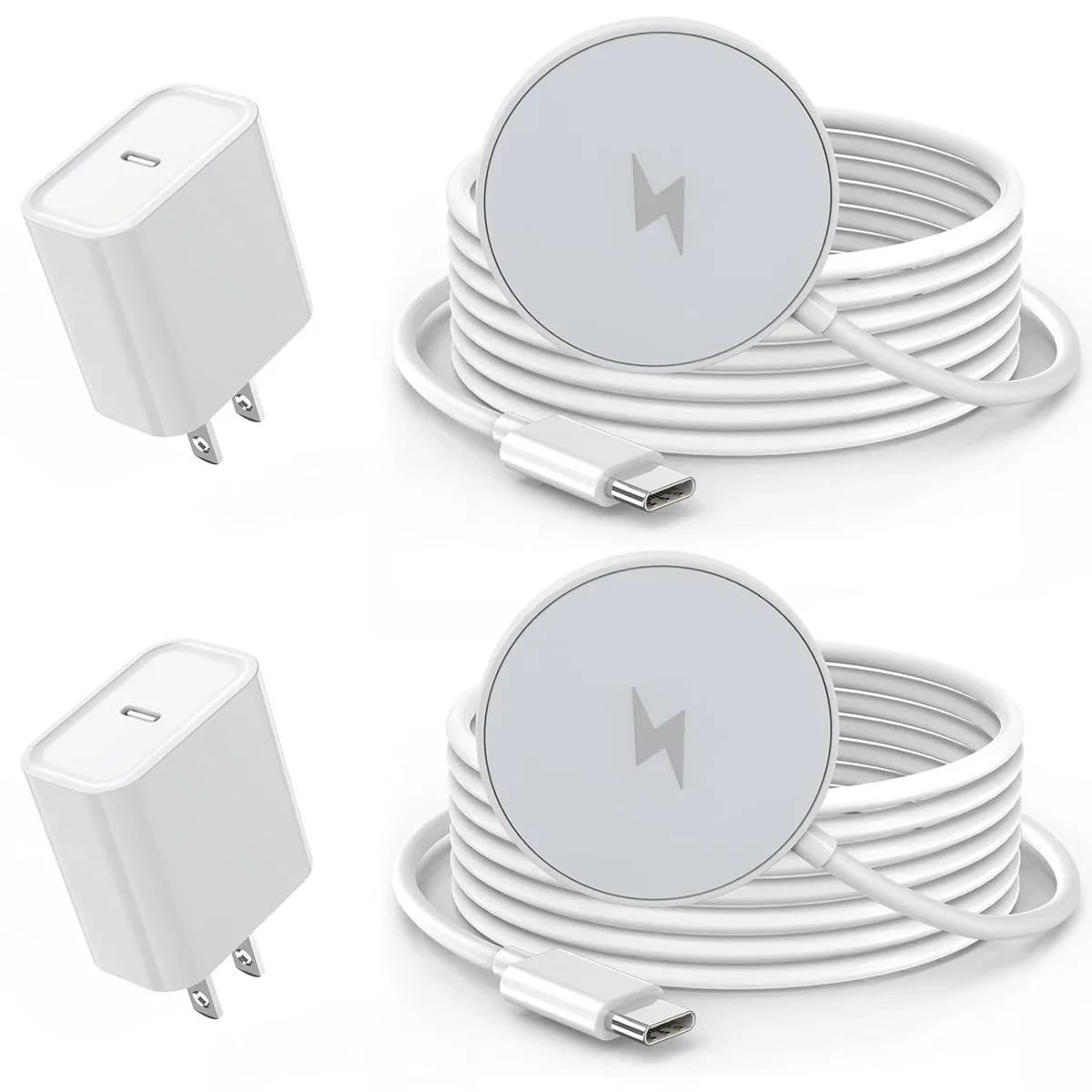 Two slim white magnetic charging pads with long cables and a compact USB-C power block