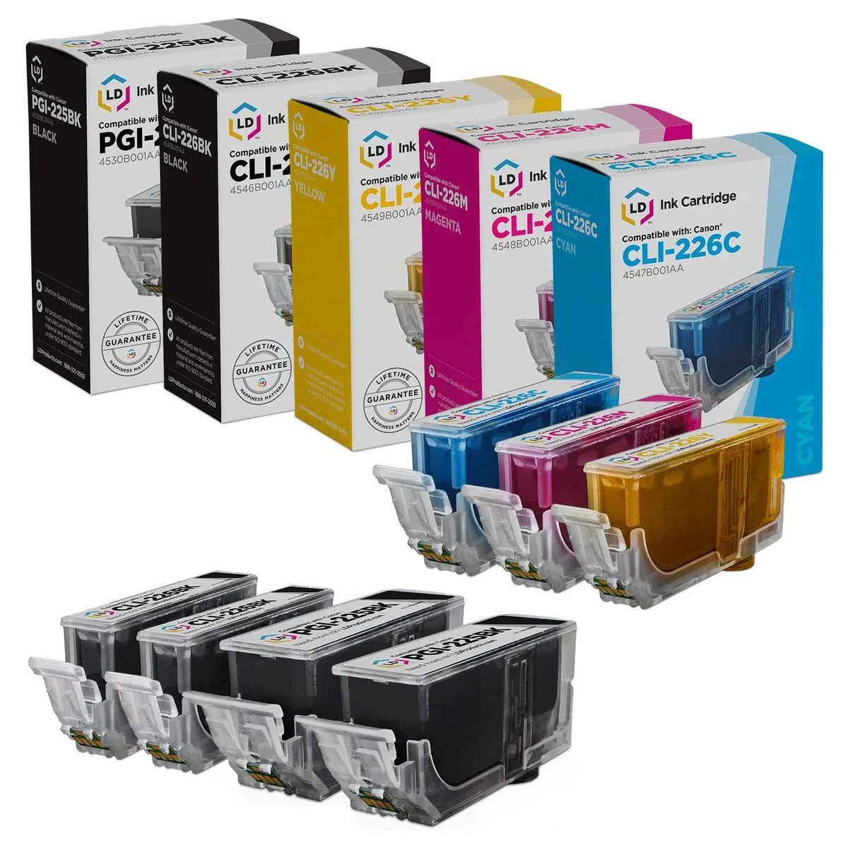Seven ink cartridges in black cyan magenta yellow packaging
