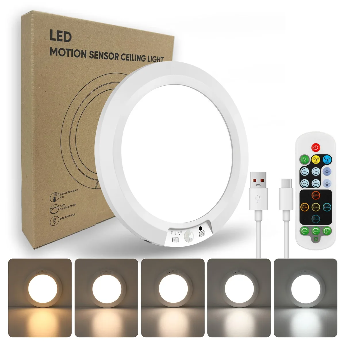 Ultra-thin white round LED ceiling light with magnetic base, remote control and USB-C charging port