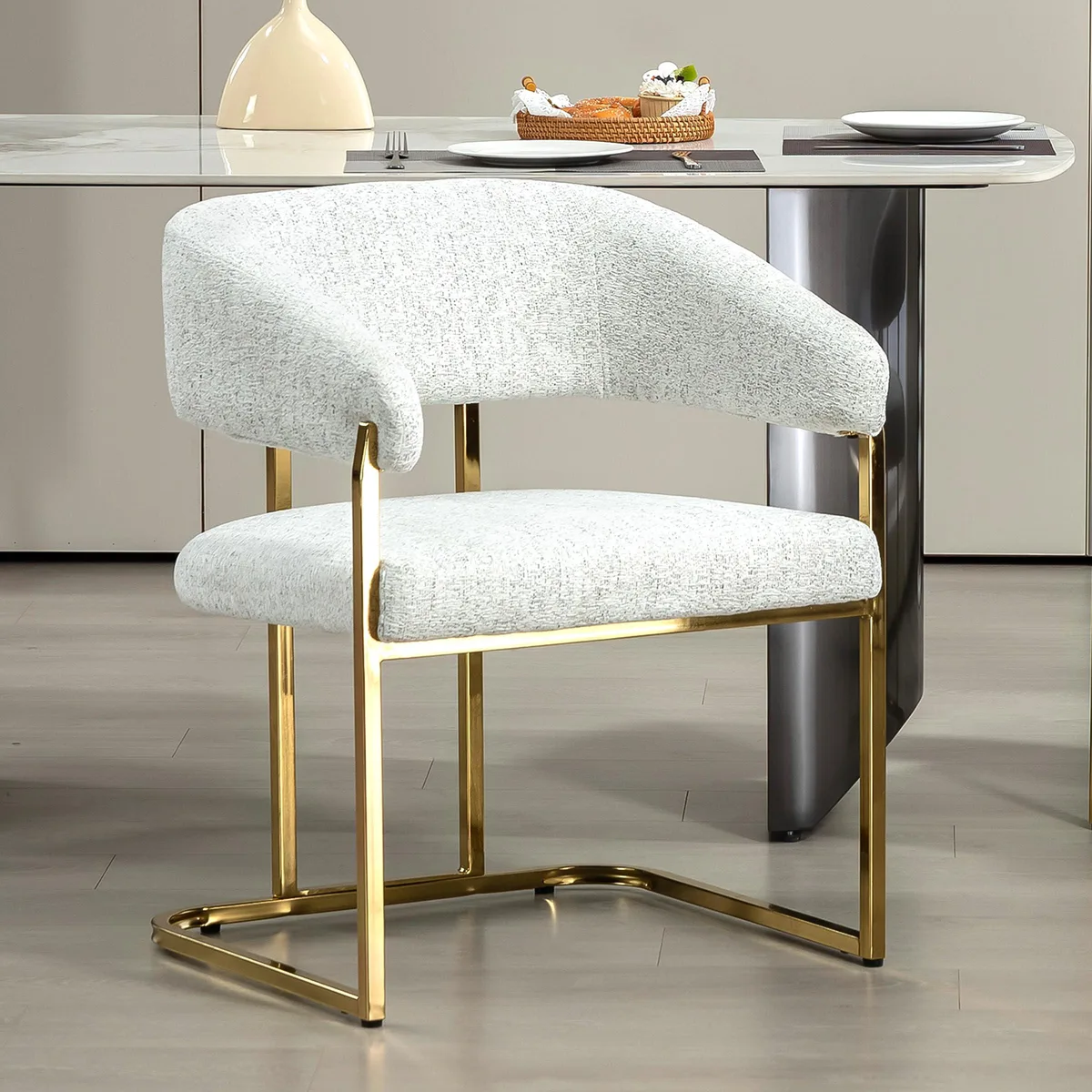 BRTHORY BRTHORY Modern Dining Chair White Chenille Gold Legs 22"W 30"H (Set of 1) — product photo