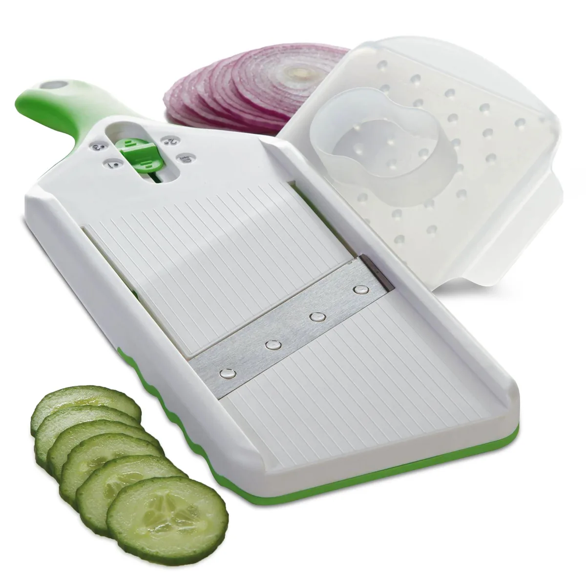 Green mandoline slicer with adjustable thickness dial, hand guard, non-slip base, stainless steel blades