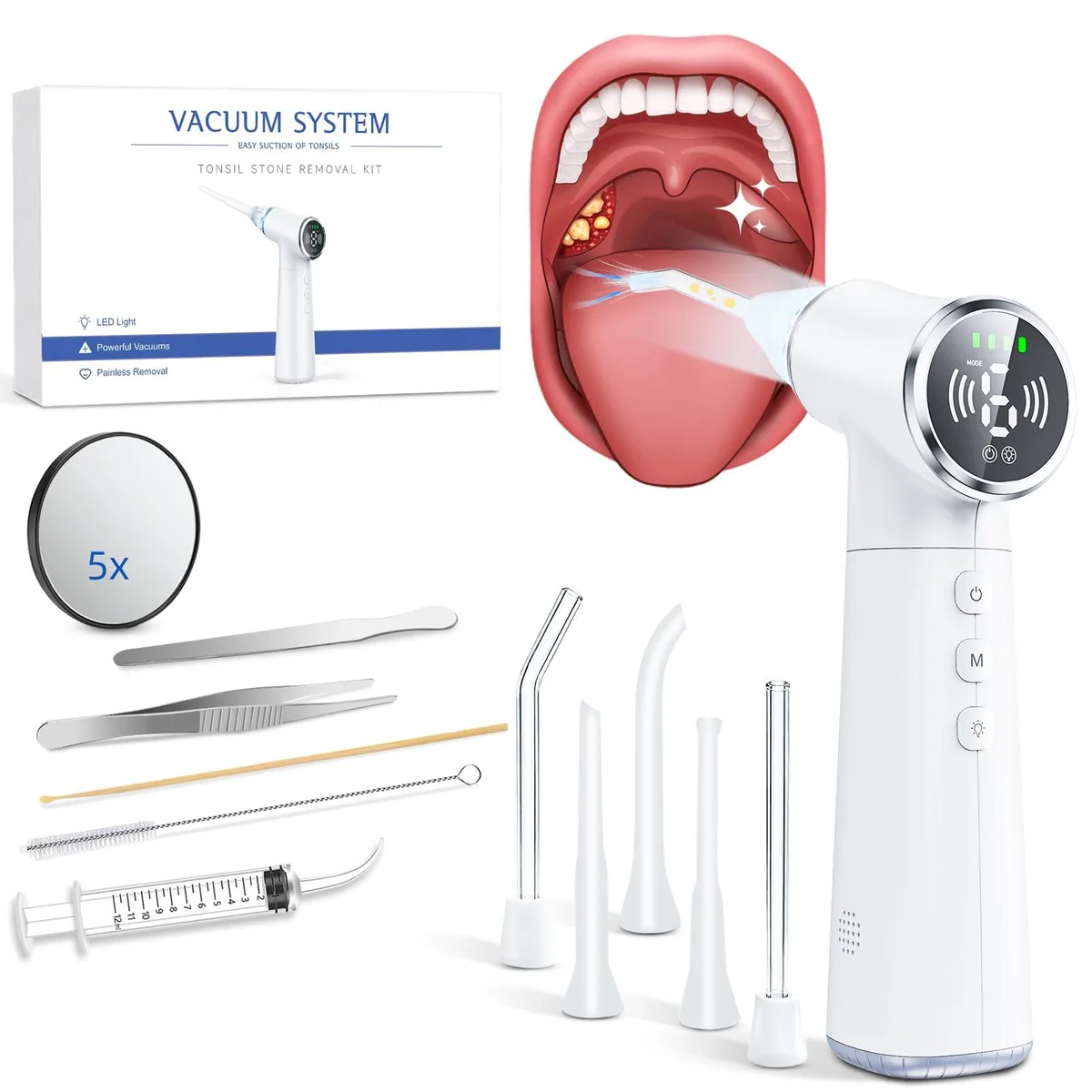 White electric tonsil stone remover with LED light and multiple probes