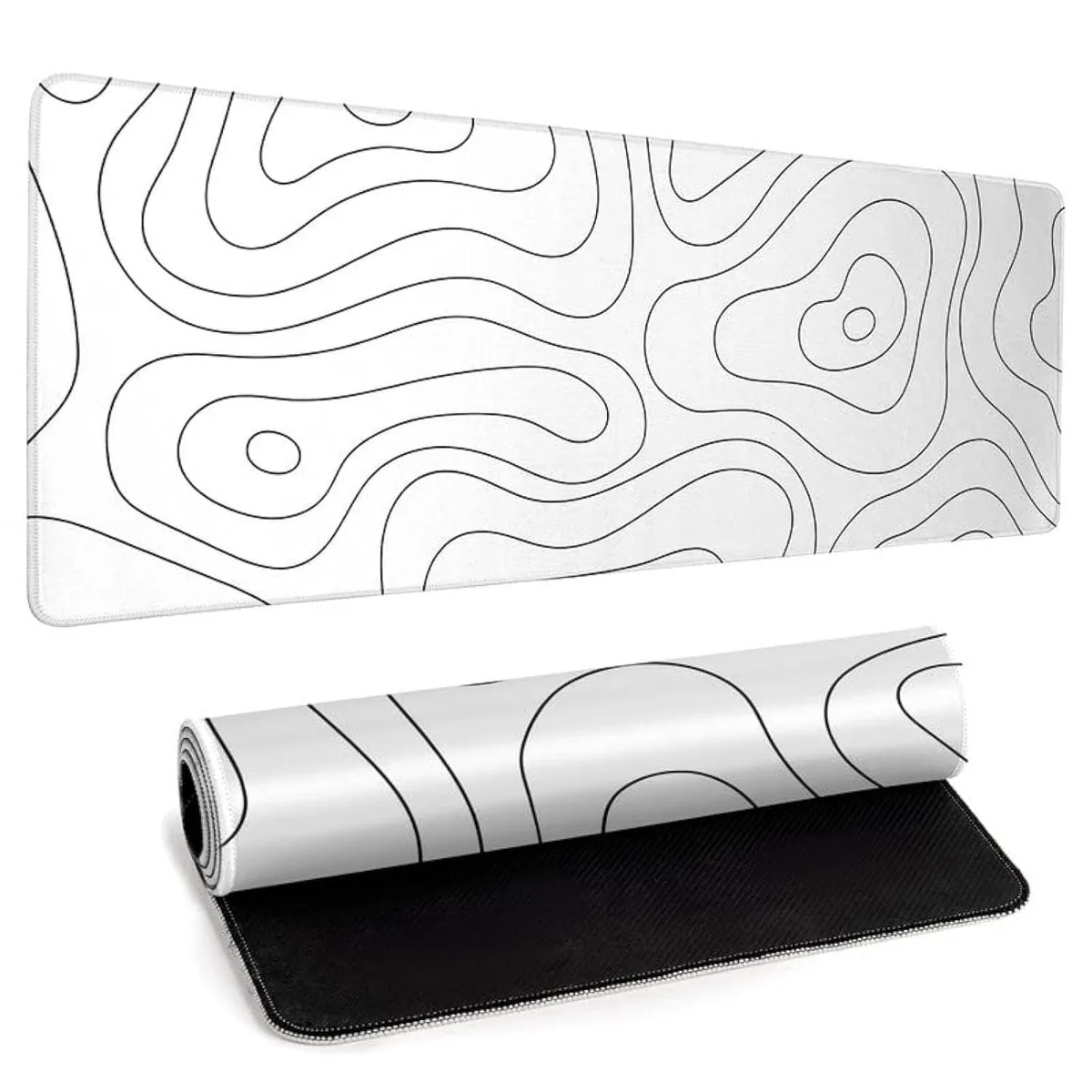 White topographic map desk mat, rectangular 31.5 by 11.8 inches, stitched edges, non-slip rubber base