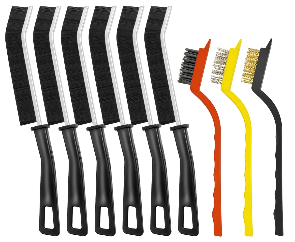 Nine crevice and wire brushes with ergonomic handles