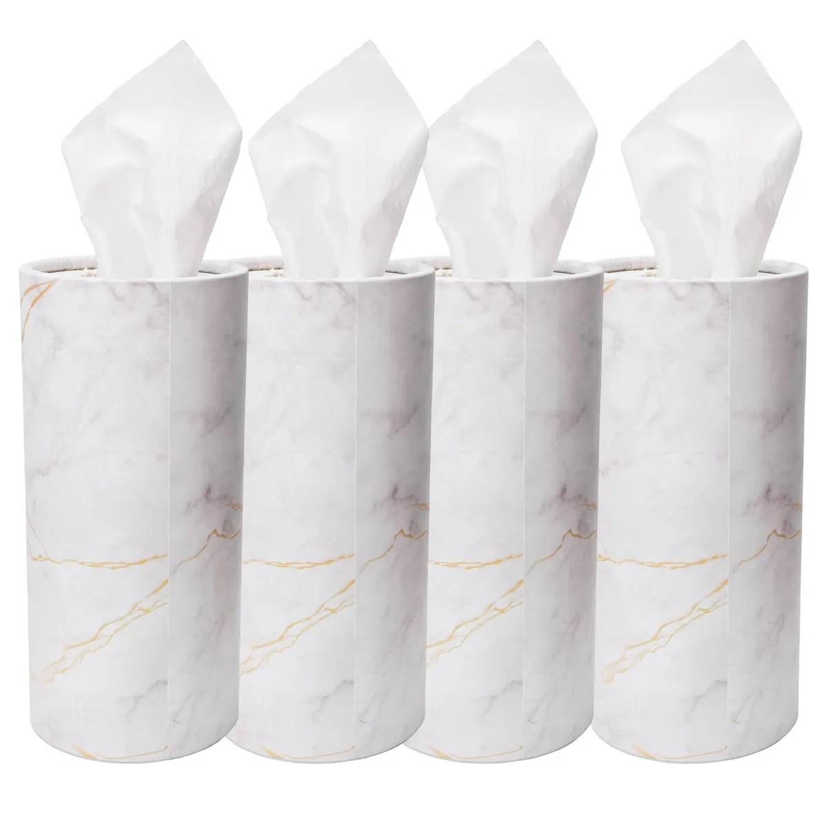 Four white cylindrical tissue holders with marble pattern, 2.7 by 5.8 inches each