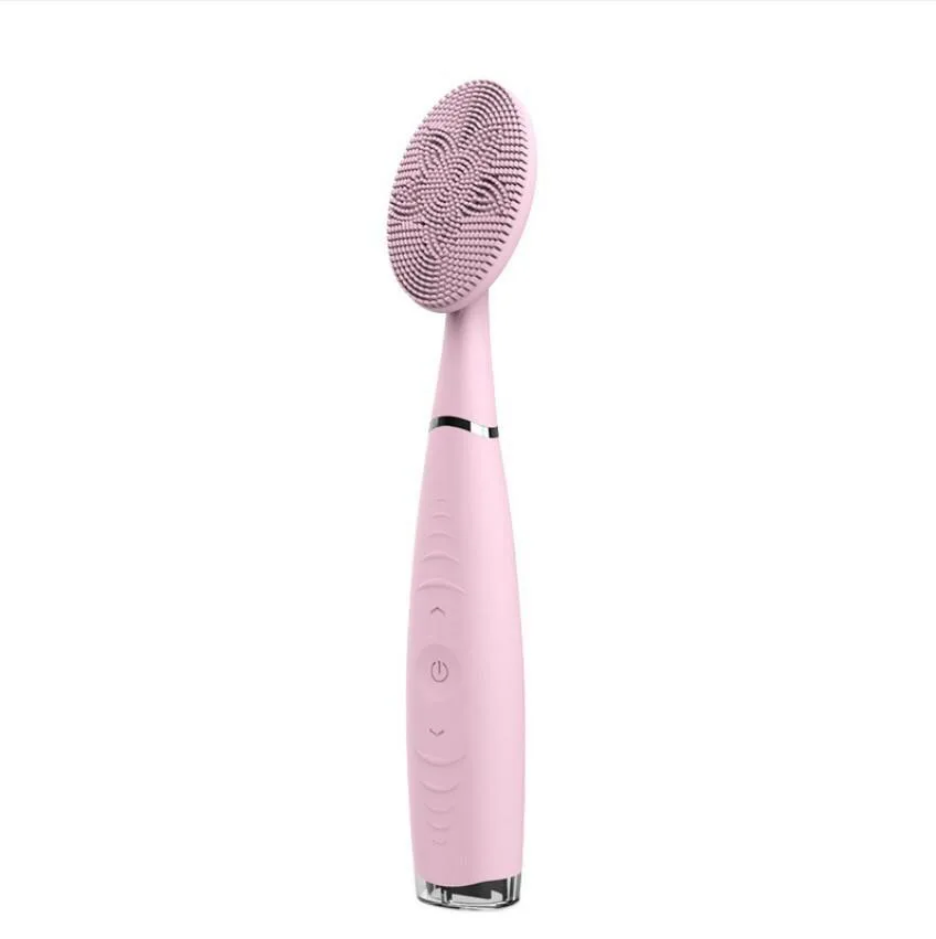 Pink handheld silicone cleansing brush with USB charging