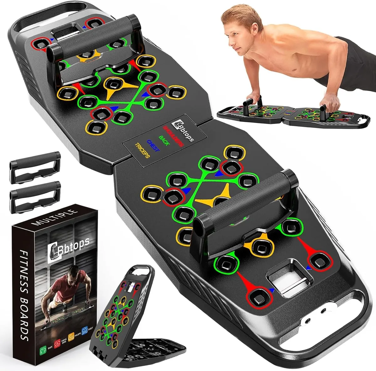 Black foldable push-up board with colour-coded hand positions and non-slip base pads