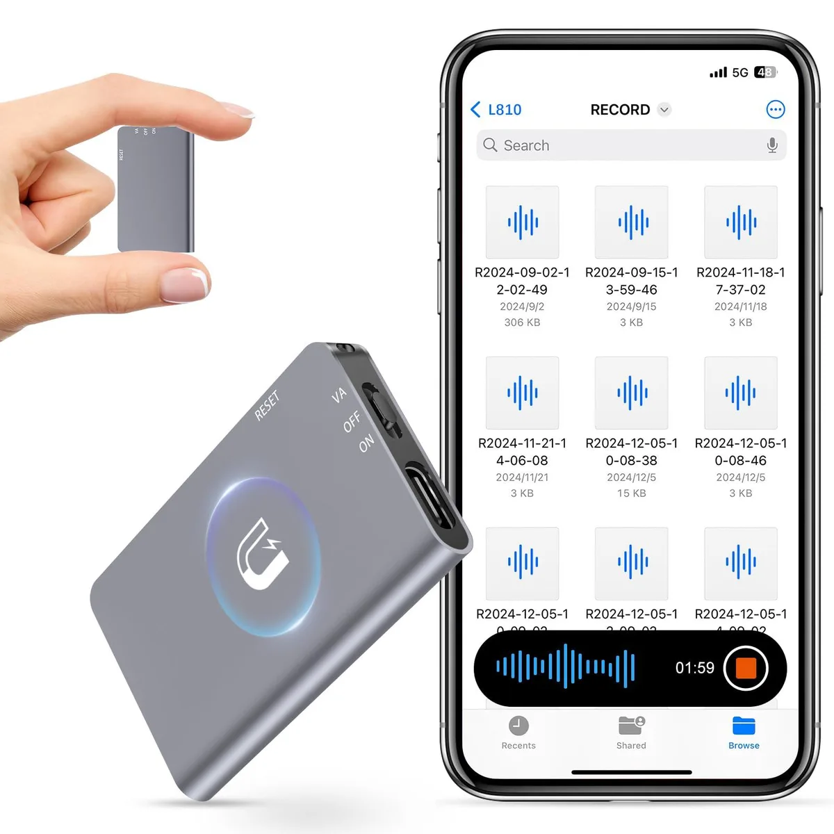  HEVAVW L810 64GB Voice Recorder 40 Hours AI Noise Reduction — product photo
