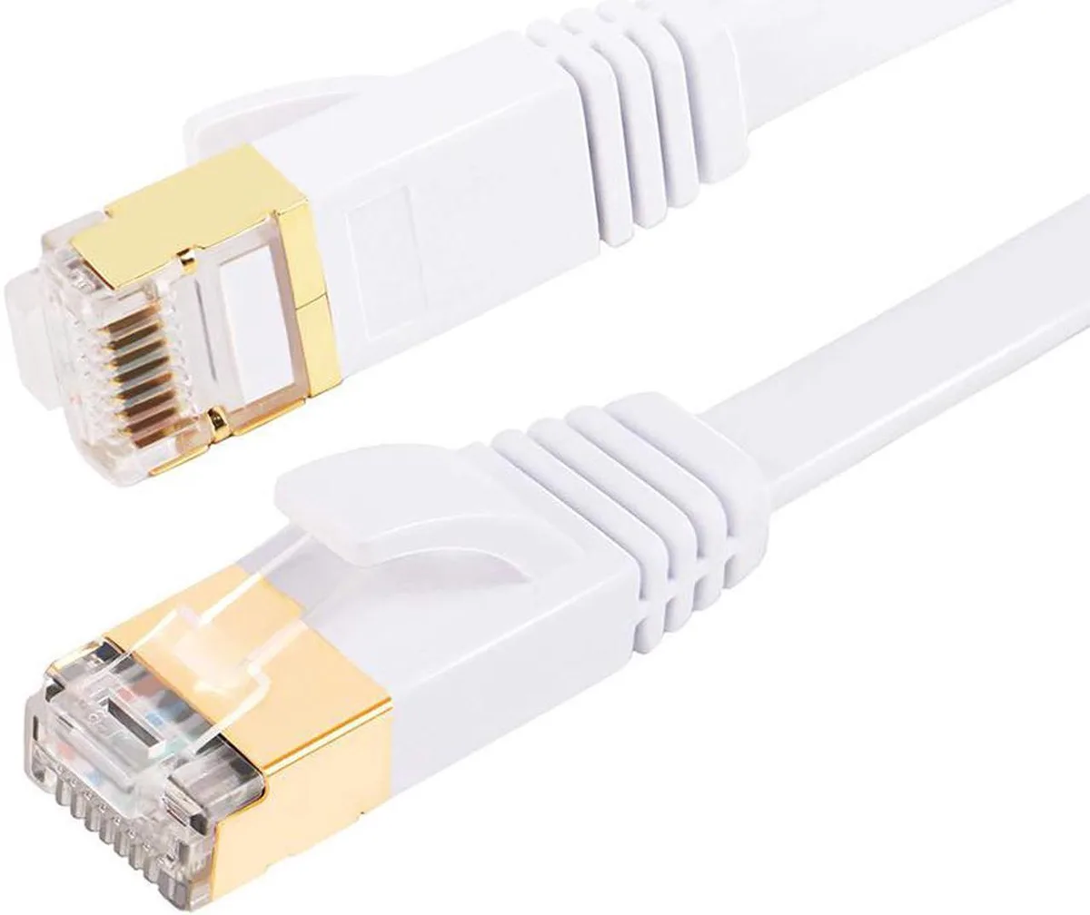 White flat Cat 7 ethernet cable with gold RJ45 connectors, 3.3 ft