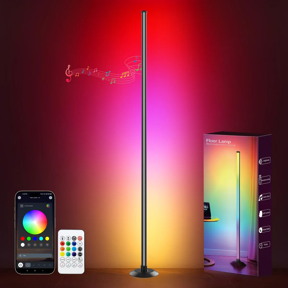  Rihvy RFLamp001-1 USB Corner Floor Lamp, App &amp; Remote, 64 Music Modes, 48.65 in — product photo