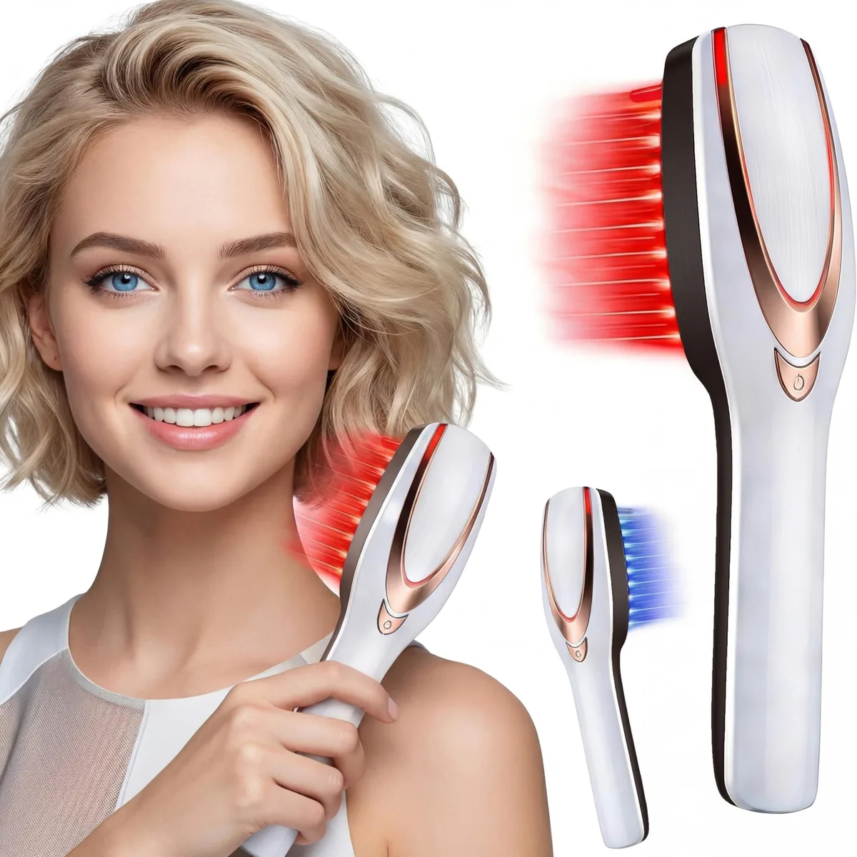 White handheld scalp massager with 28 soft rubber nodes and USB charging cable