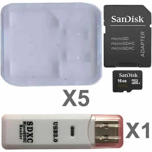 SanDisk SanDisk 16GB microSDHC Class 4 5-pack with SD adapters and USB reader — product photo