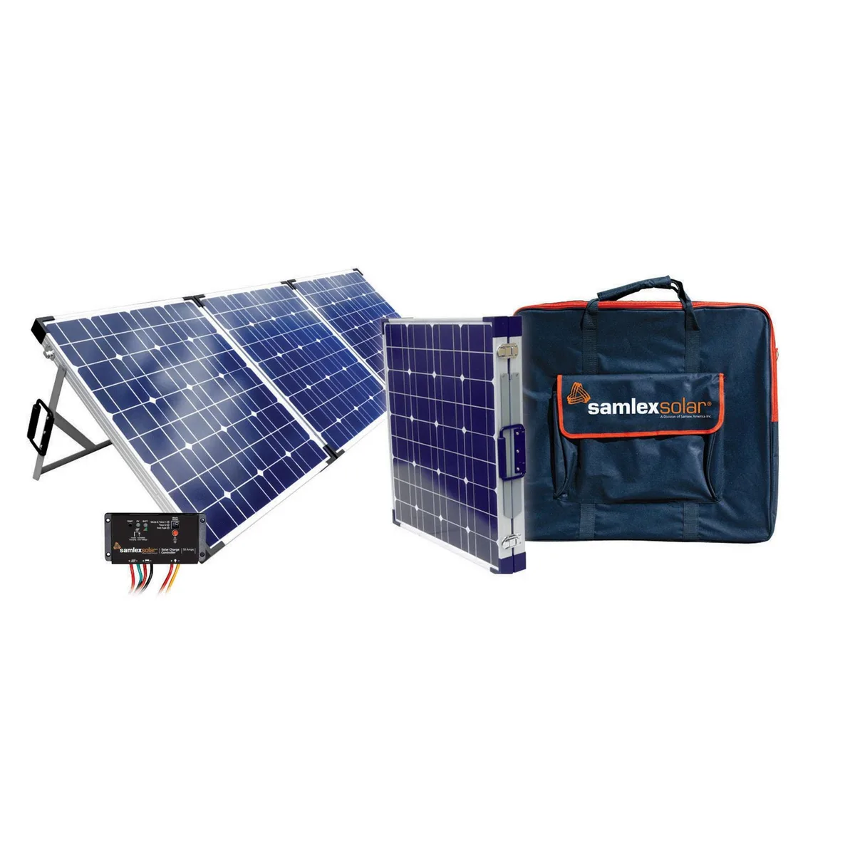 Folded solar panel kit in insulated case with adjustable legs and battery clamps
