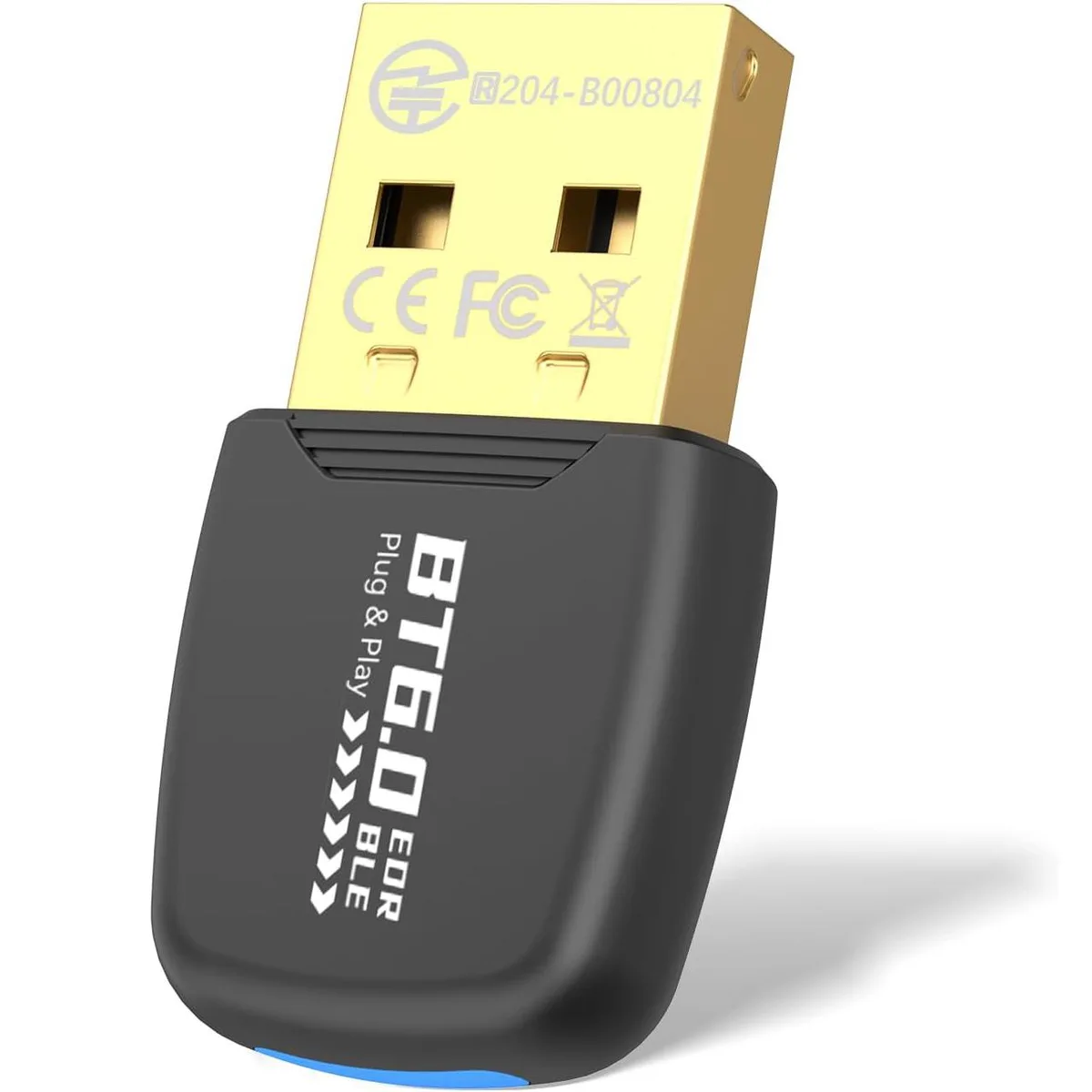 Small black USB Bluetooth 6.0 dongle with compact plug-and-play design