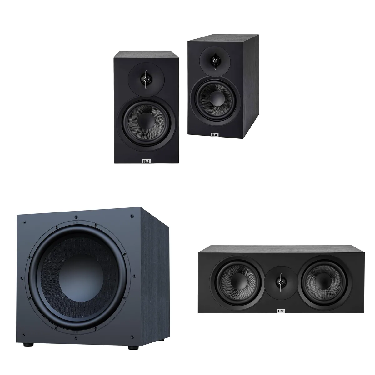 Elac Elac Debut 3.0 DB63 6.5" bookshelf speakers with 15" subwoofer and center channel sound bar — product photo