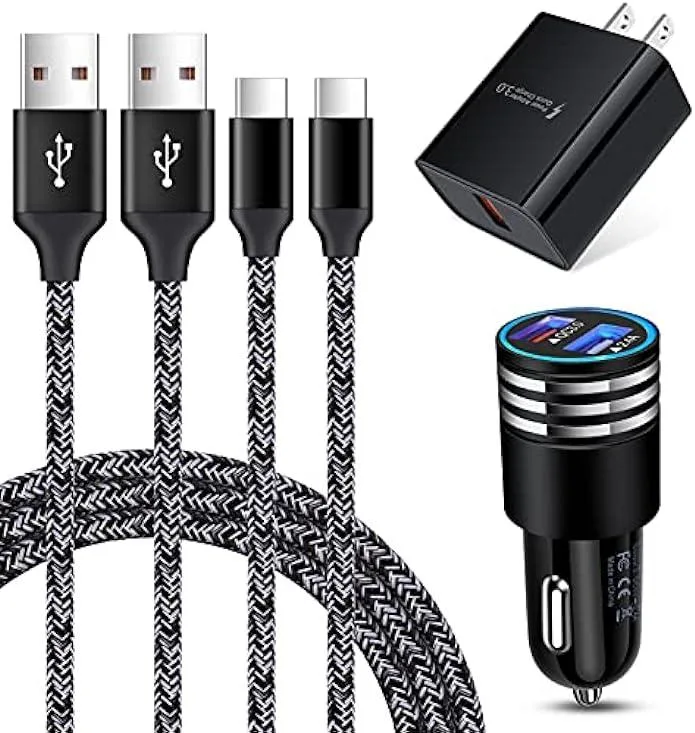 Compact black car charger with two USB ports and attached six-foot USB-C cable
