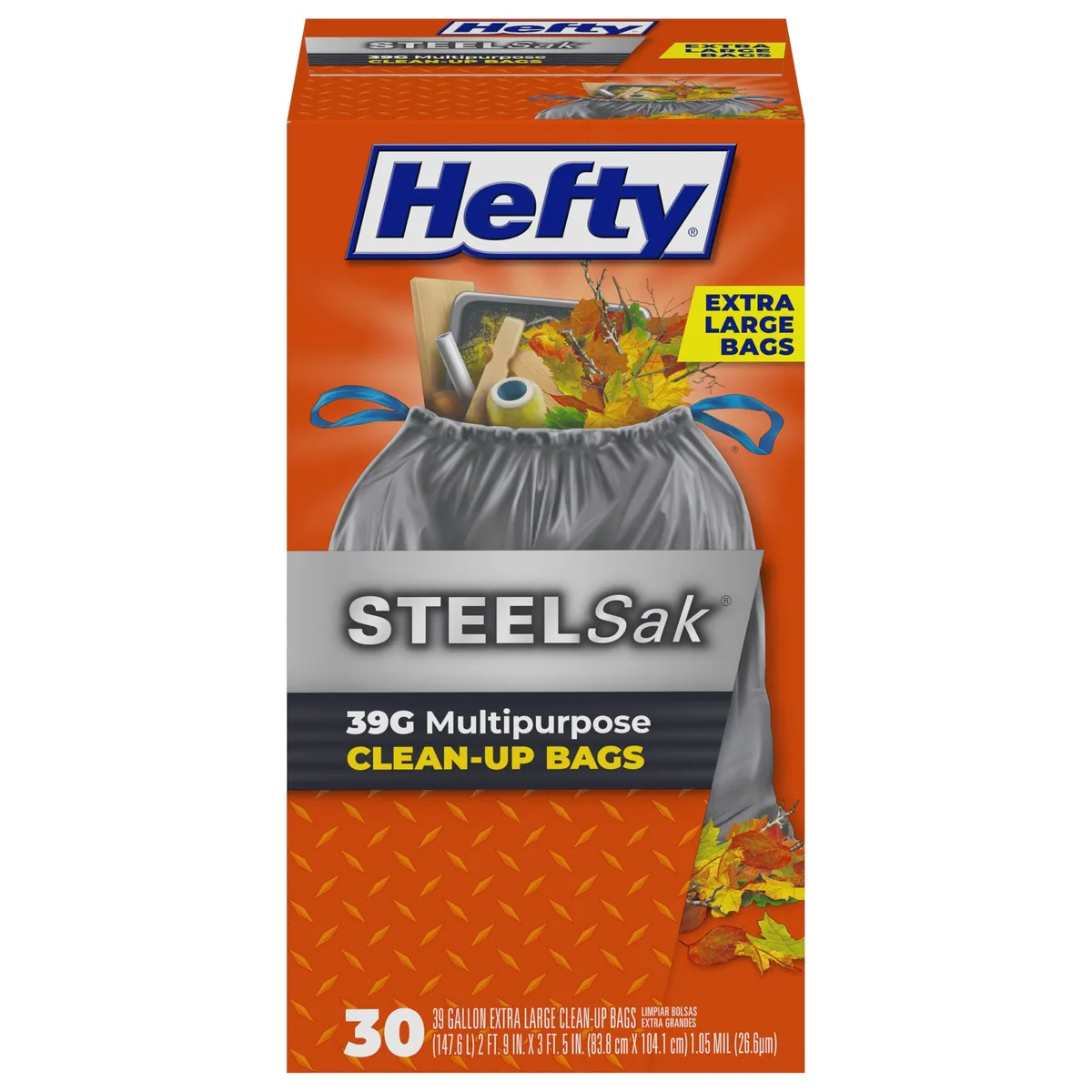 Gray box containing thirty 39-gallon heavy-duty trash bags