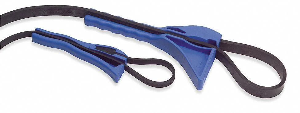 Two strap wrenches with rubber straps and plastic handles on a light background