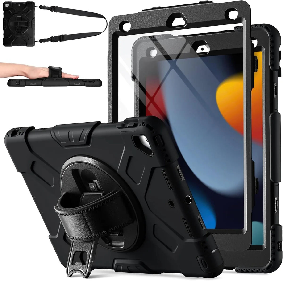 BONAEVER BONAEVER iPad 10.2" Case 9th/8th/7th Gen Black with Screen Protector, 360° Strap Kickstand — product photo