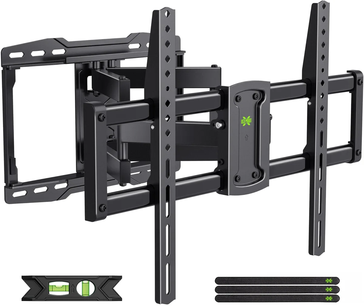 Black full-motion TV wall mount with dual articulating arms, flat wall plate, matte finish