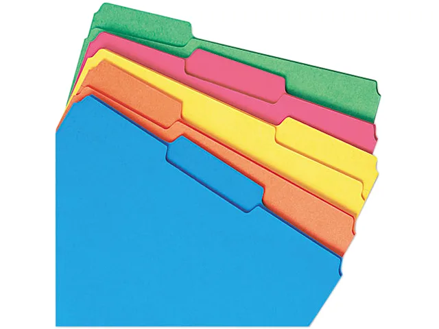 Box of one hundred letter-size interior file folders in assorted colours with low 1/3-cut top tabs