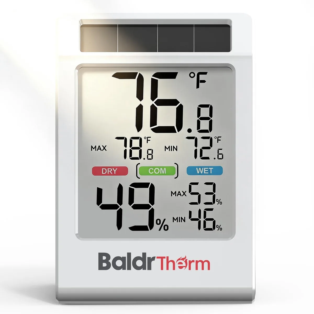 Black infrared thermometer with large 3.2 inch display showing temperature and humidity readings