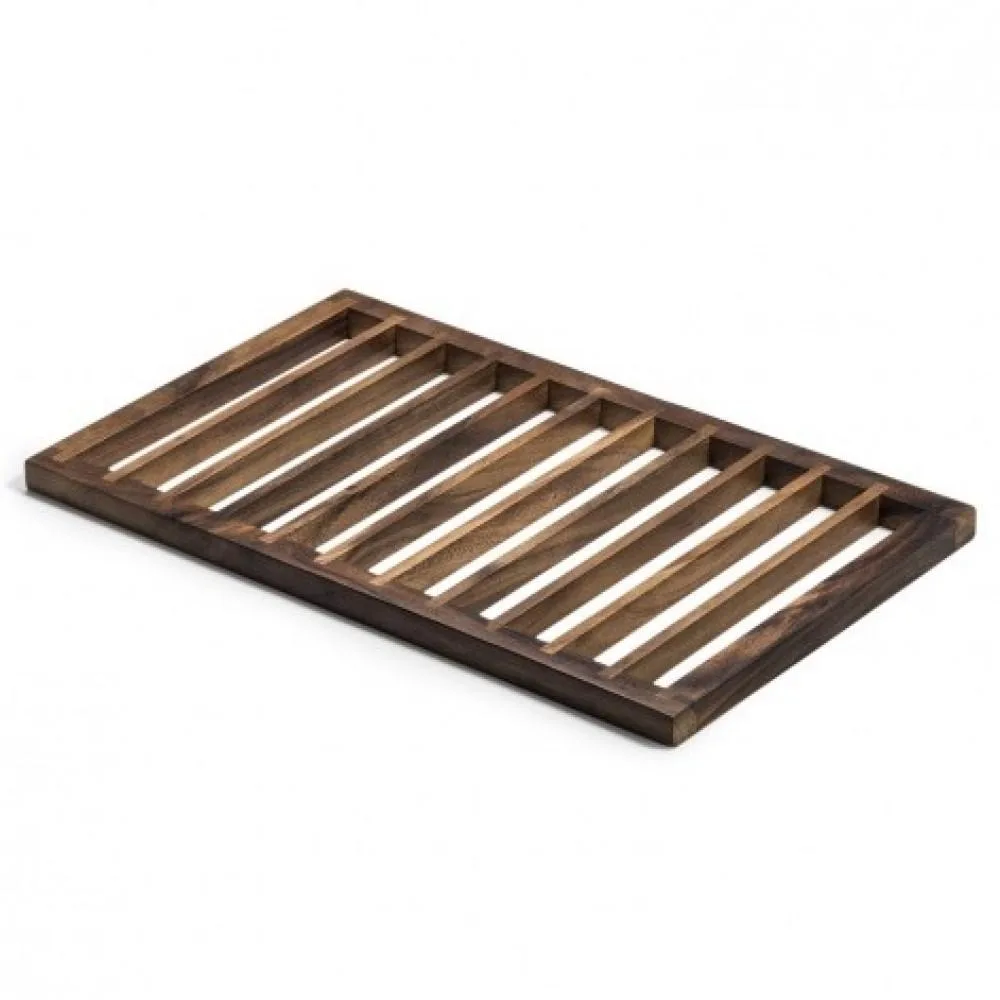 Rectangular acacia wood trivet with visible grain, warm brown finish