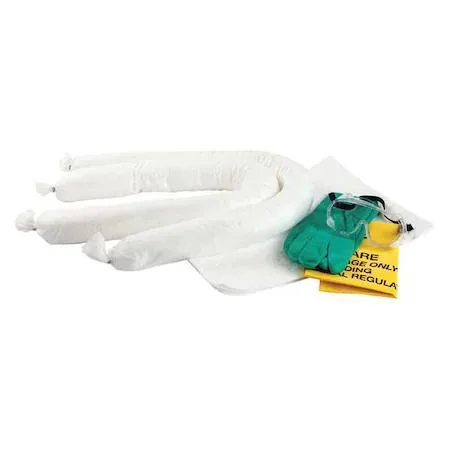 Clear plastic bag filled with white absorbent pads, socks, gloves and goggles