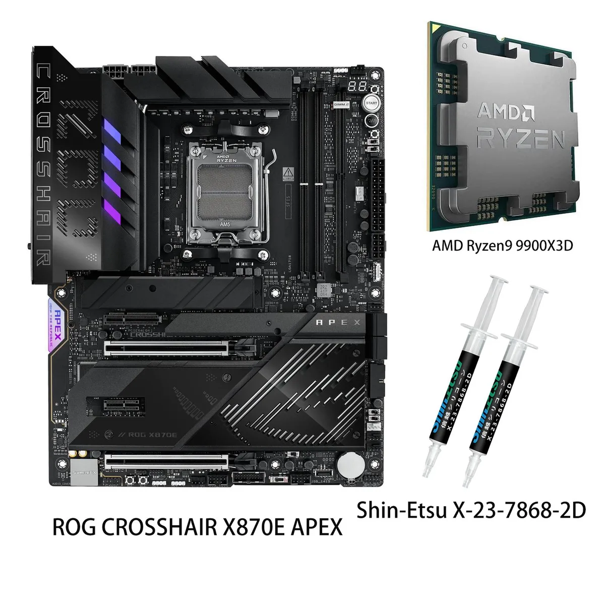 ASUS ASUS ROG CROSSHAIR X870E APEX AMD motherboard &amp; Ryzen 9 9900X3D CPU combo — product photo