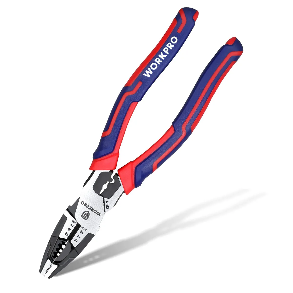 WORKPRO 8-inch linesman pliers, steel with blackened finish, blue TPR handles