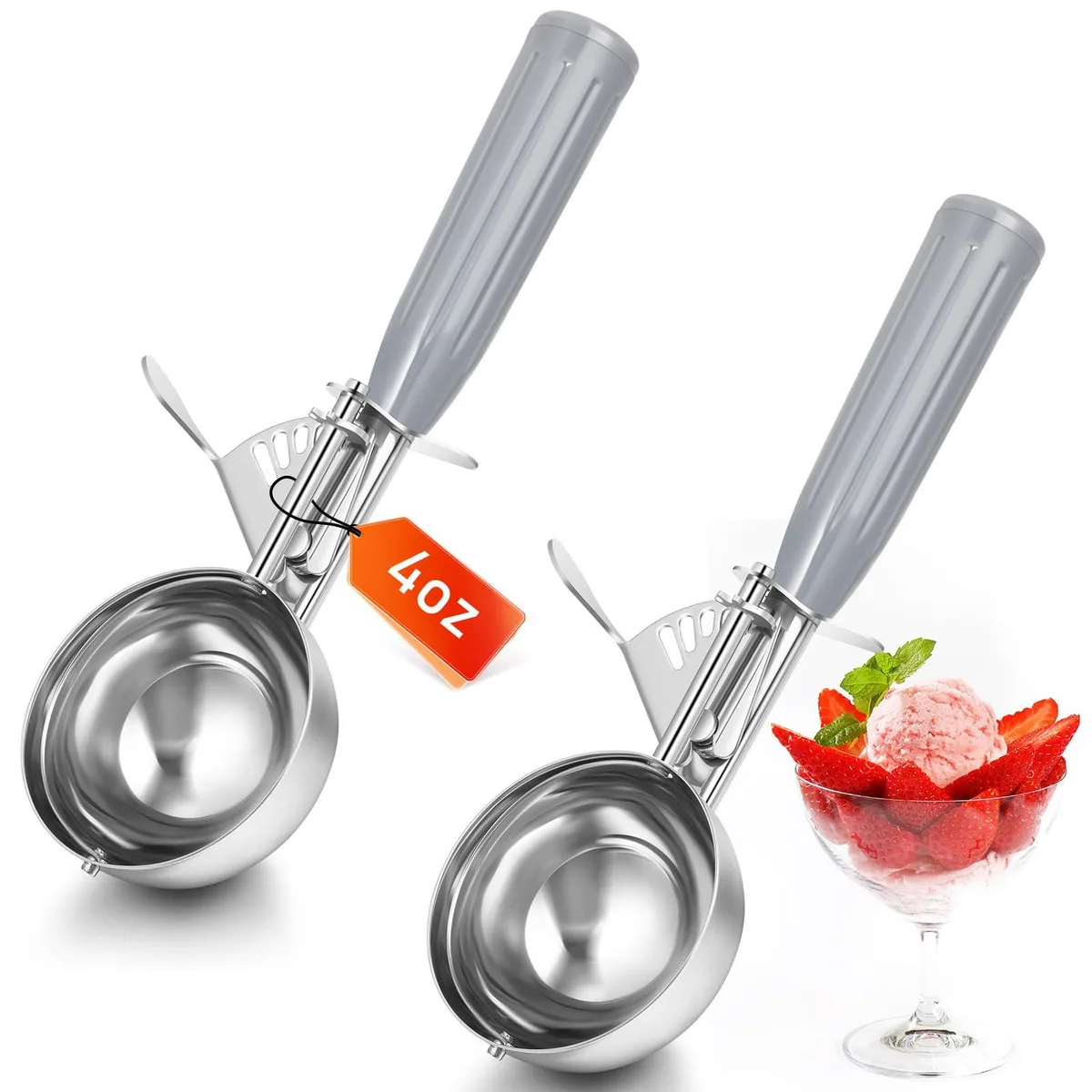 Two grey stainless steel cookie scoops with spring triggers and non-slip handles