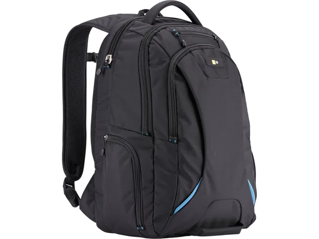 Black polyester 15.6" checkpoint-friendly laptop backpack with shoulder, chest and trolley straps