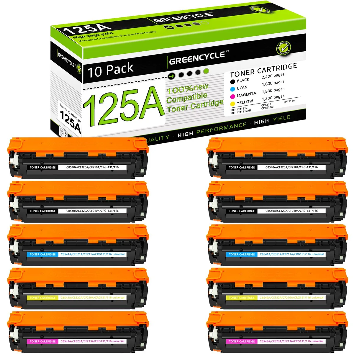 GREENCYCLE GREENCYCLE 10 Pack 125A Compatible Toner Cartridge (4 Black 2 Cyan 2 Yellow 2 Magenta) — product photo