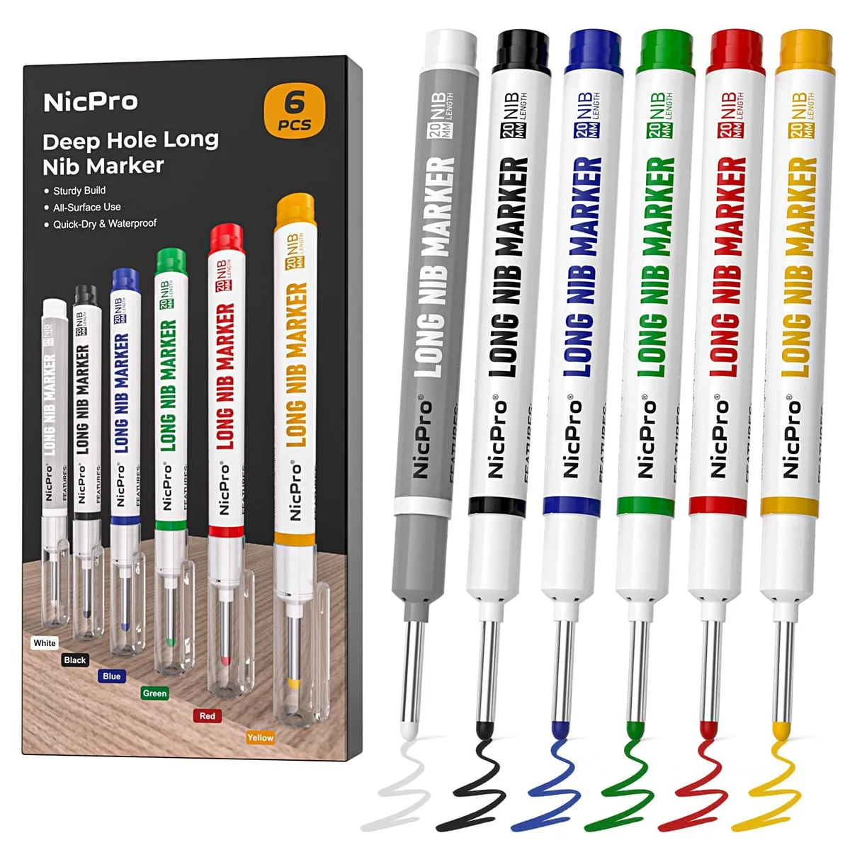  Nicpro CP3000 6 PCS Long Nib Marker Pens 20mm — product photo