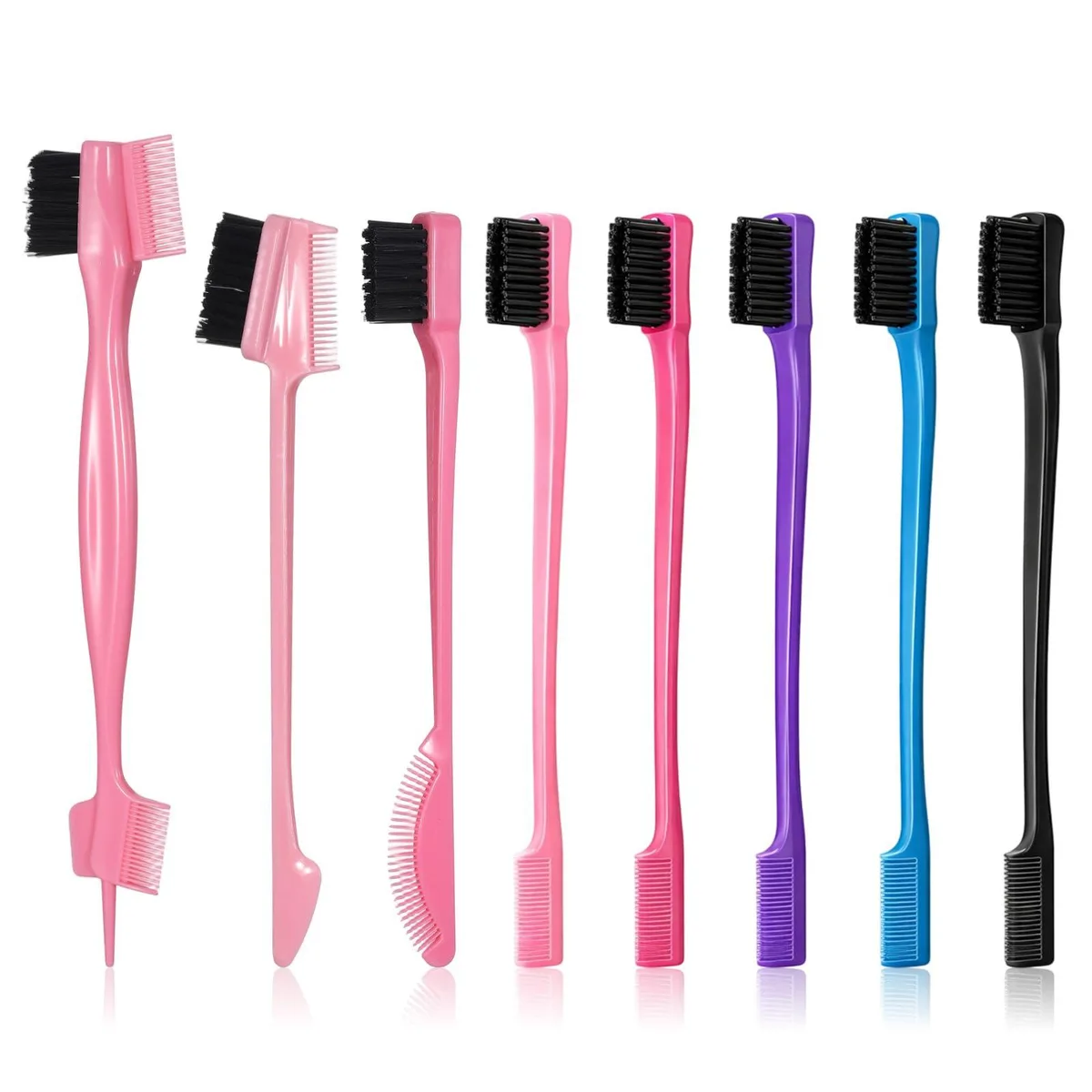 Eight plastic combs in pink, blue and black, double-sided bristles and rat-tail ends, laid flat