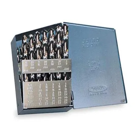 Black oxide steel drill bits in indexed metal case, 29 pieces, 135 degree split points