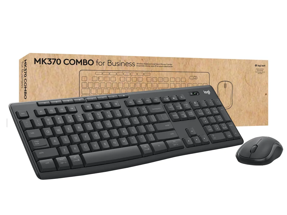 Full-size wireless keyboard with tilt legs and compact ambidextrous mouse in matte black finish