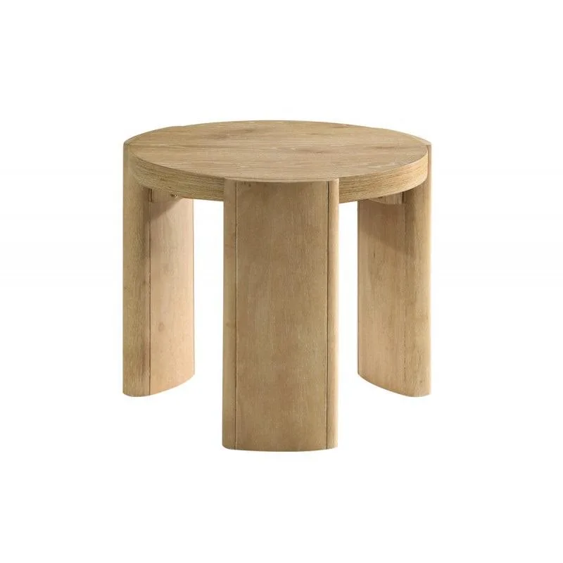 Round driftwood-finished wood end table with curved block legs