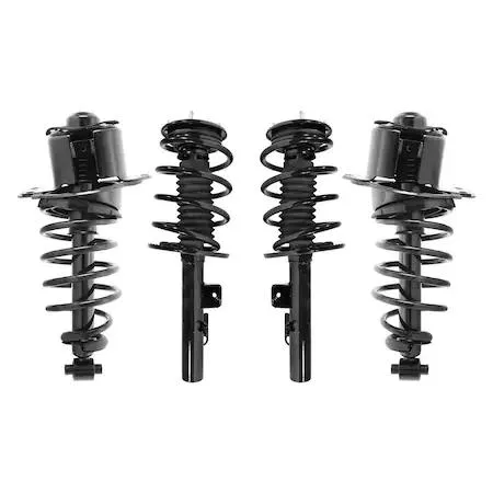 Four silver strut assemblies with black coil springs and mounts, new in box