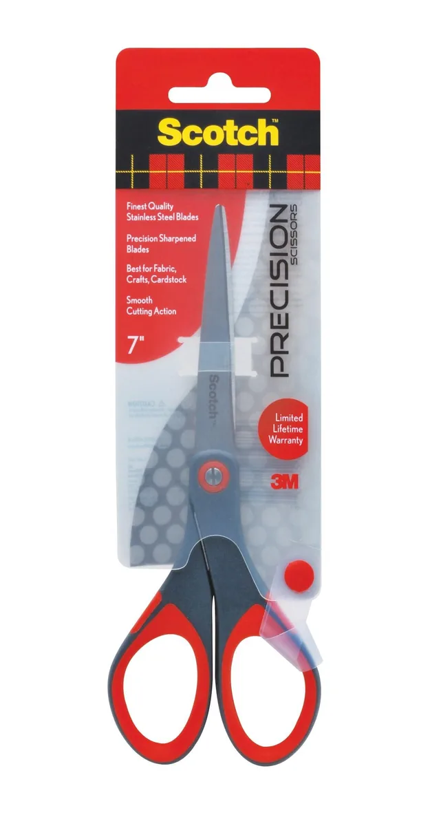 Scotch 1447 7-inch precision scissors with grey and red handles and stainless steel titanium blades