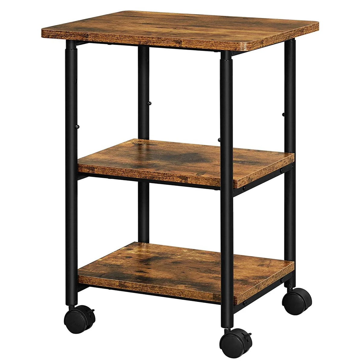 Three-tier printer stand with rustic brown shelves and black steel frame on four wheels