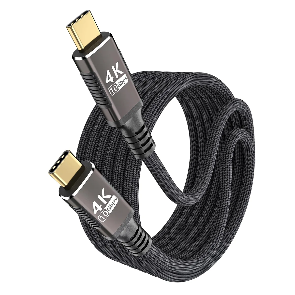 A ten-foot USB-C to USB-C cable with a woven nylon jacket and metal plugs