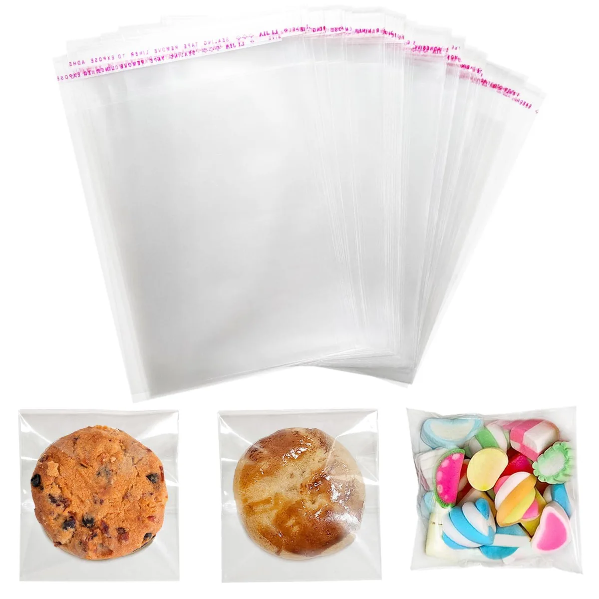 Stack of 200 clear square cellophane bags with adhesive strip