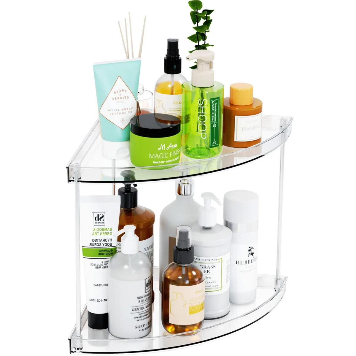 Clear triangular two-tier corner shelf with polished acrylic shelves and metal supports, 9.2 by 9.5 by 9.1 inches