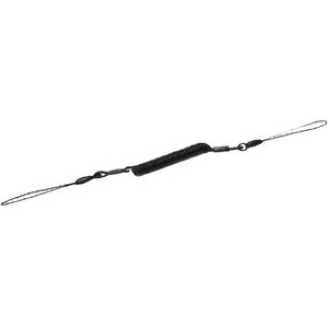 Small black coiled tether with plastic clip and loop
