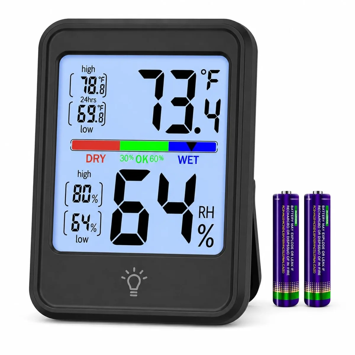 Black rectangular thermometer hygrometer with large backlit LCD display, fold-out stand, hanging hole, magnetic back