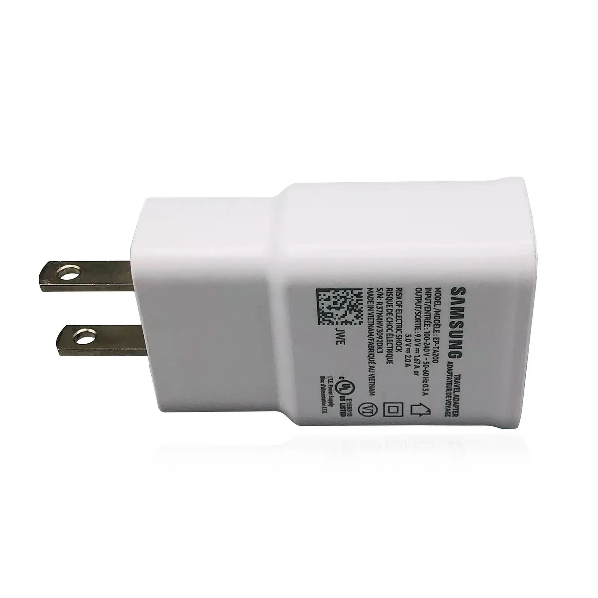 Compact white wall charger with folding prongs and USB port
