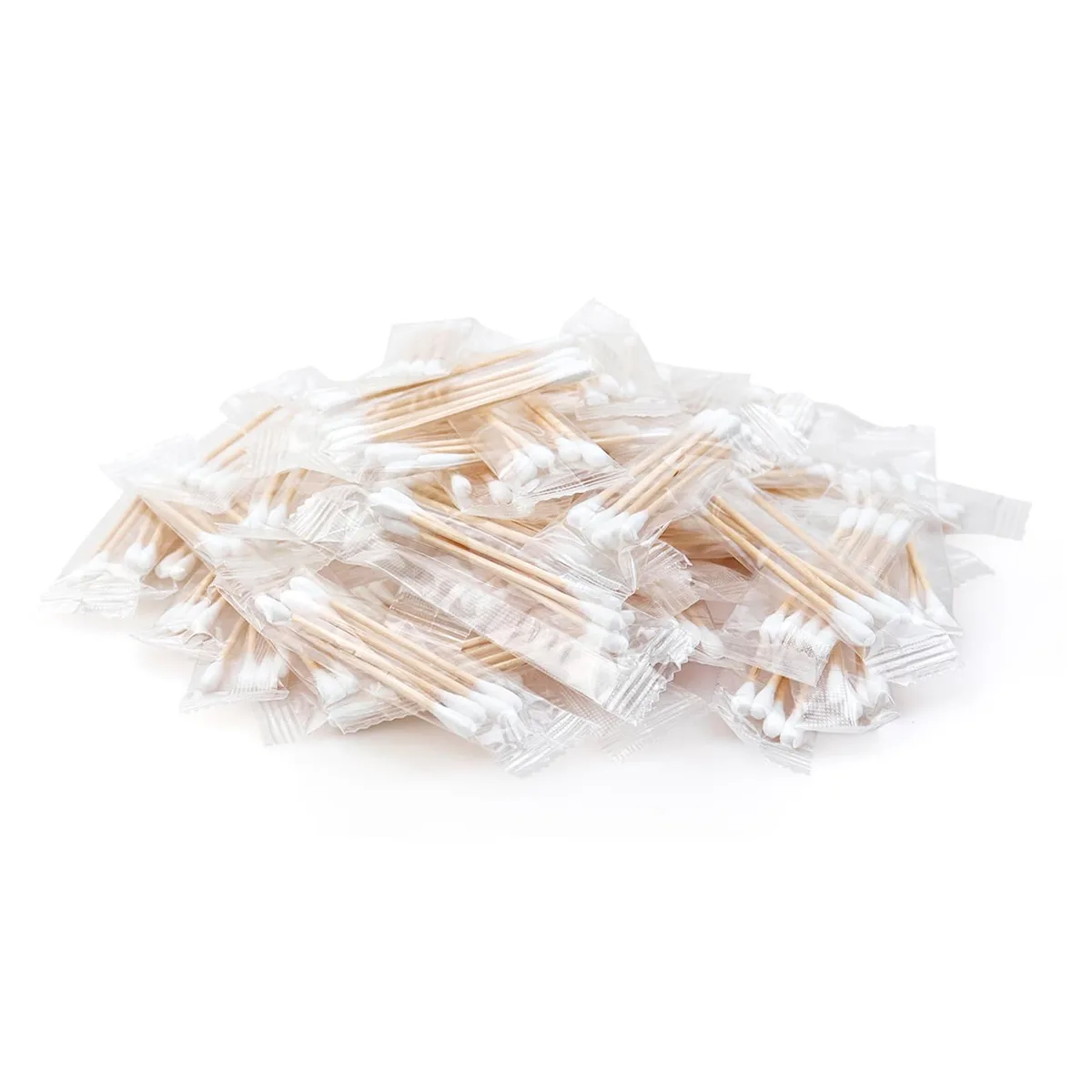 Box of 100 individually wrapped cotton swabs with wooden handles and double round tips